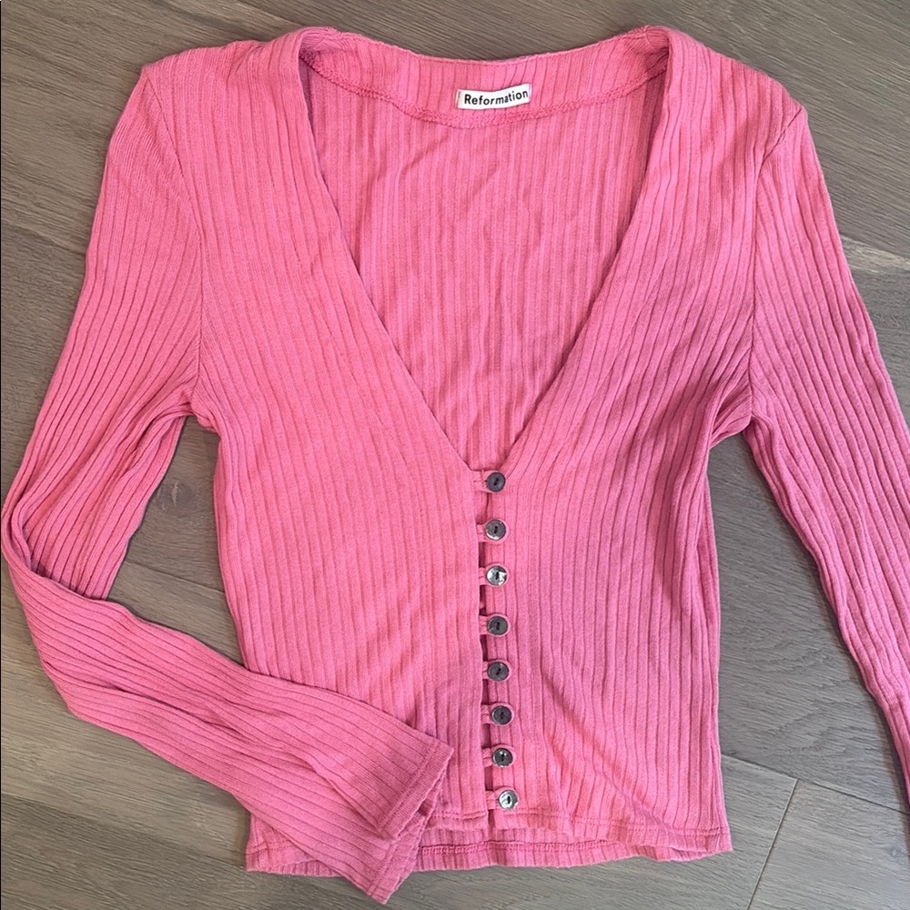 Reformation Pink Gellar Ribbed Knit Button Down Top